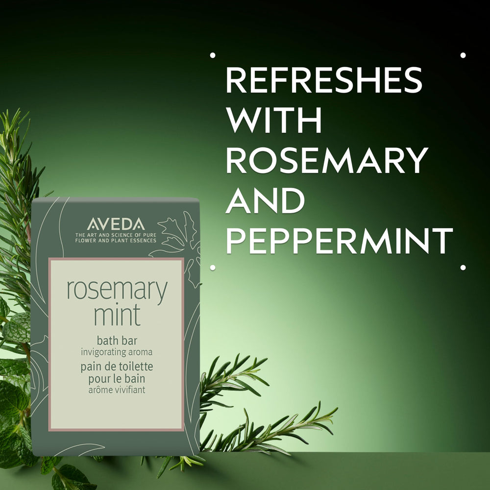 Aveda Rosemary Mint bar showcases creamy lather for a refreshing cleanse.