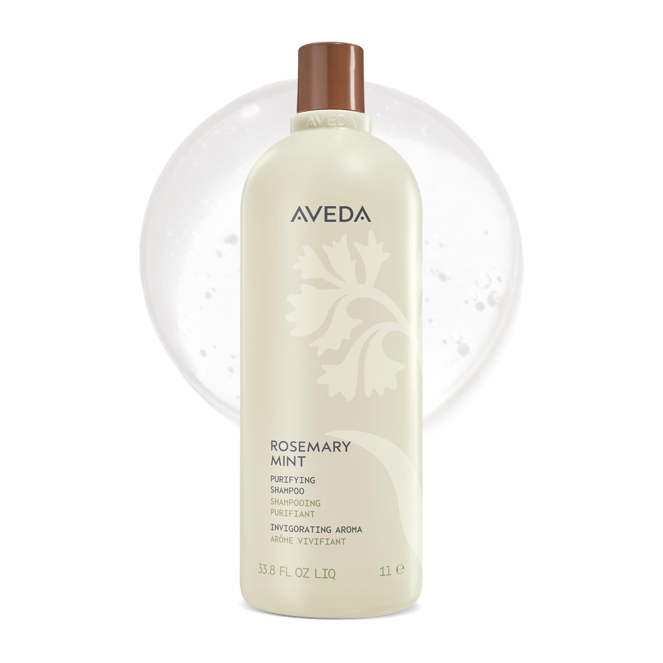 Aveda Rosemary Mint Purifying Shampoo bottle displayed for daily cleansing on oily hair