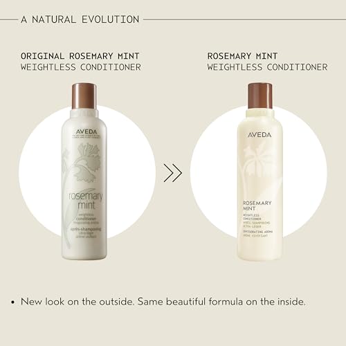 Close-up of Aveda Rosemary Mint Weightless Conditioner label highlighting natural-derived formula