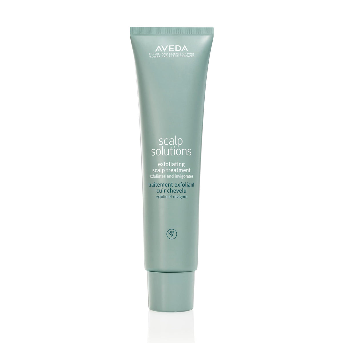 Aveda Scalp Solutions Exfoliating Scalp Treatment bottle pour offers cooling exfoliation for a refreshed scalp.