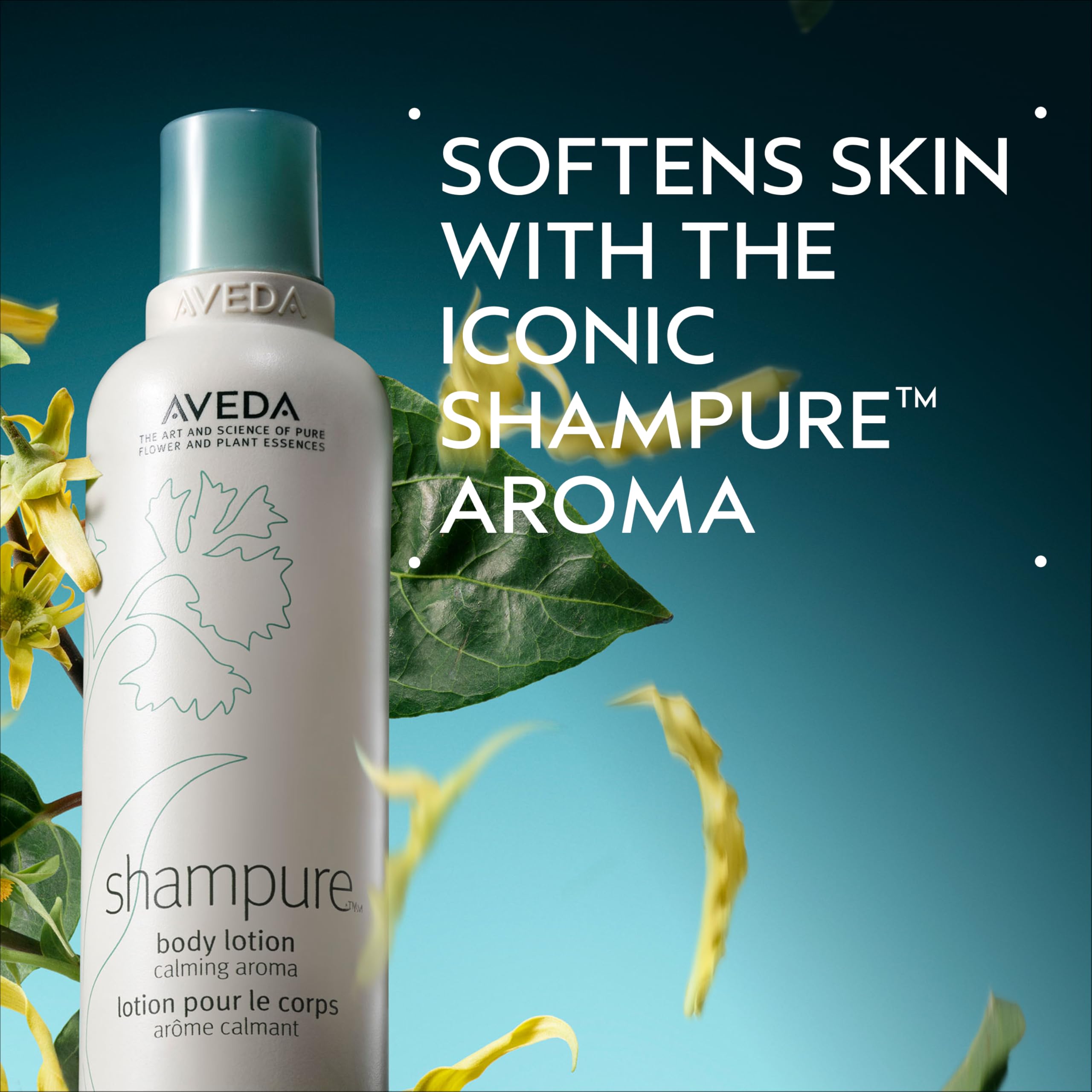 Aveda Shampure aroma label closeup highlighting 25 plant essences for calming fragrance
