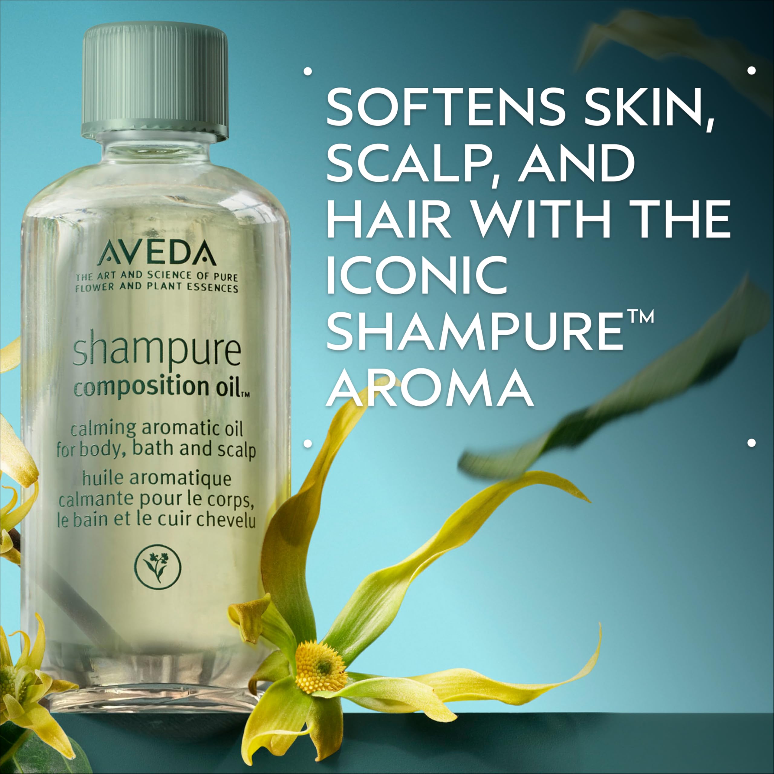Aveda Shampure Composition Oil drops illustrating calming scalp massage option.