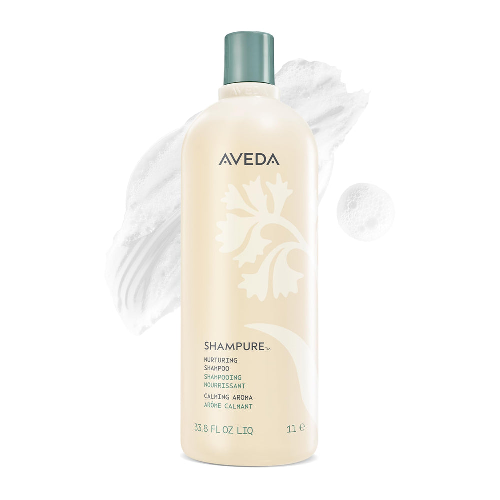 Aveda Shampure Nurturing Shampoo bottle shows calming scent and gentle cleanse for fine hair