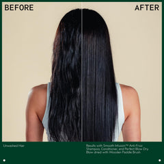 Hair after rinse showing softer texture and subtle shine with Aveda conditioner.