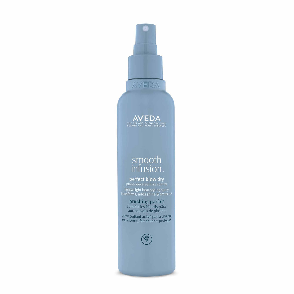 Aveda Smooth Infusion bottle front shows lightweight anti-frizz spray for blowouts.