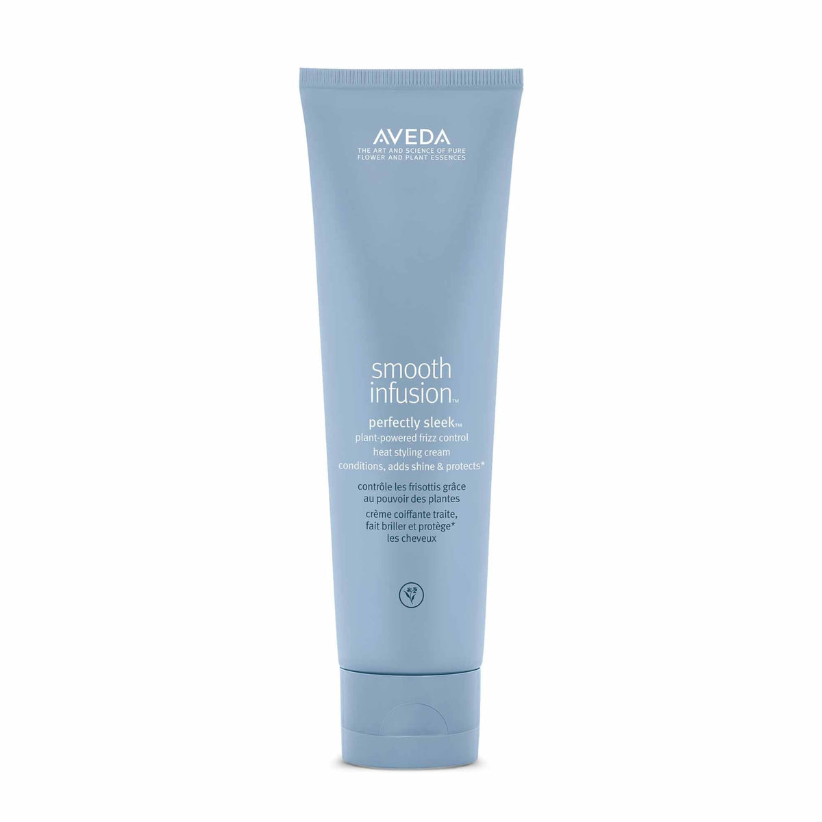 Aveda Smooth Infusion Perfectly Sleek bottle demonstrating frizz defense for textured hair.