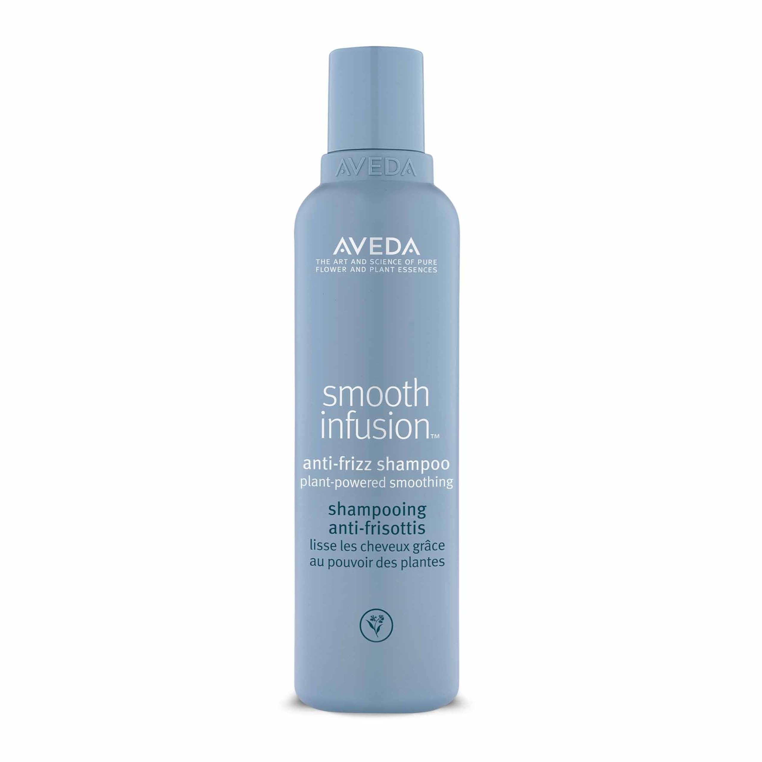 Aveda Smooth Infusion shampoo bottle showing silicone-free frizz protection.
