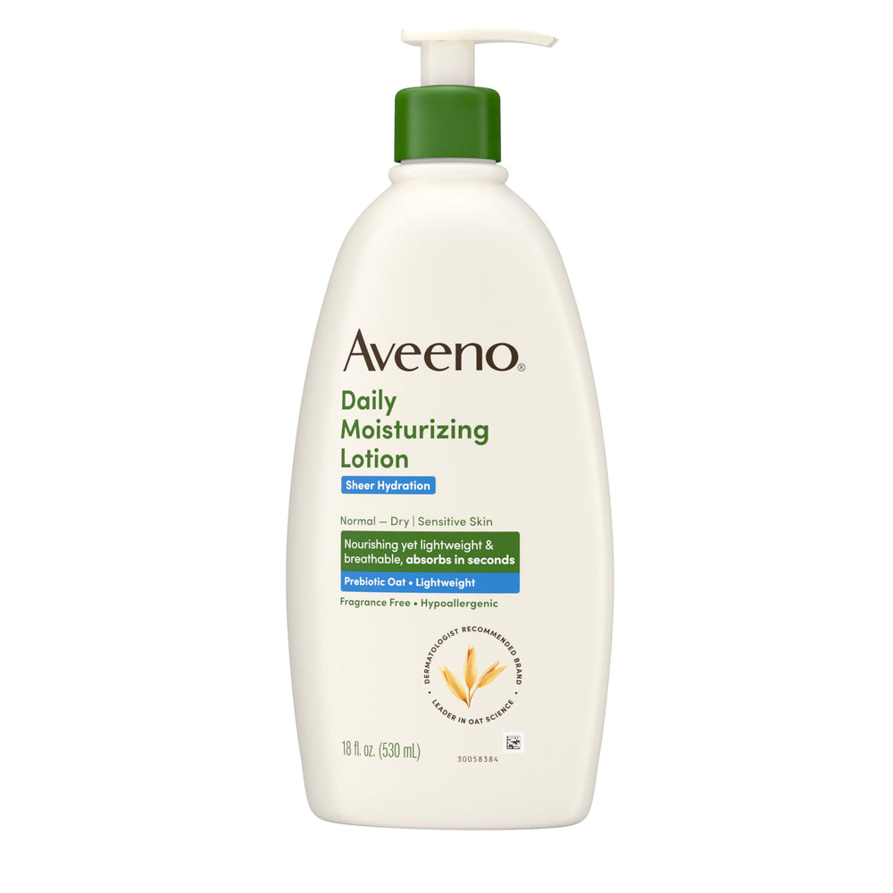 18-ounce Aveeno bottle with 48-hour moisture concept illustrated.