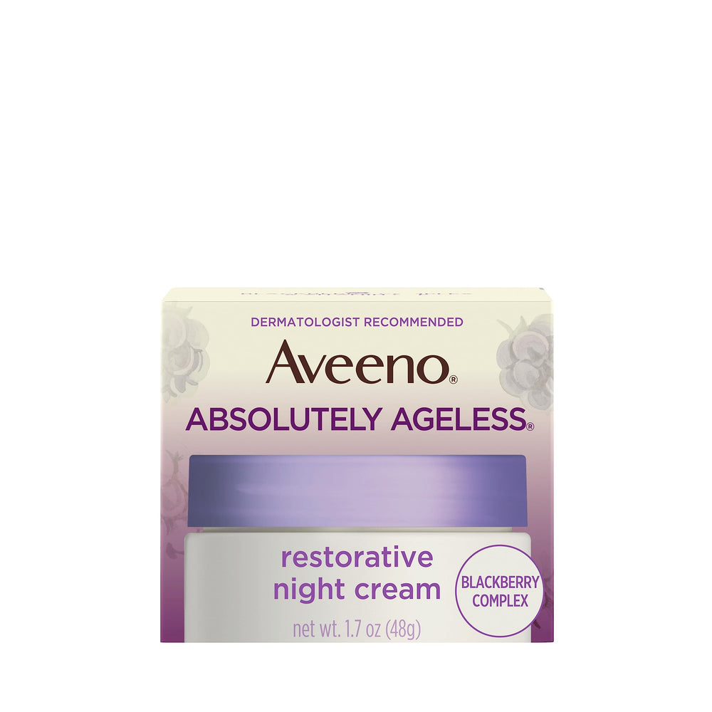 Aveeno Absolutely Ageless night cream jar for overnight hydration and firmness.