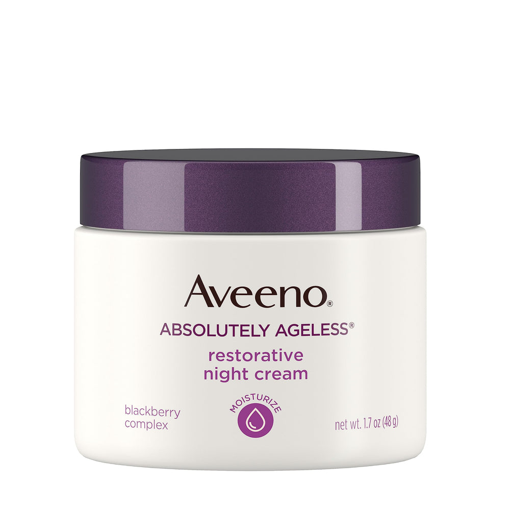 Aveeno Absolutely Ageless night cream label highlights Blackberry Complex and vitamins.