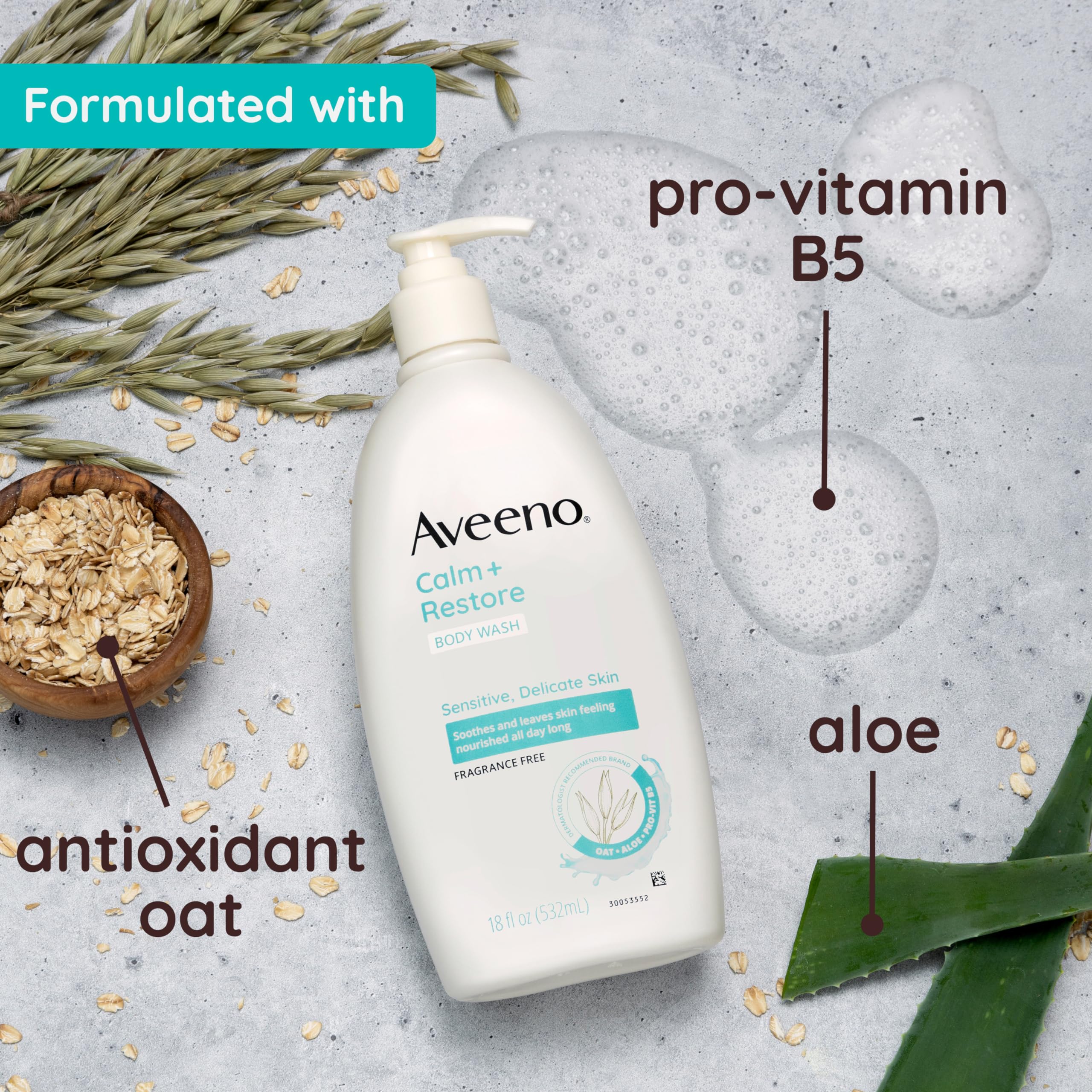 Avena y aloe en Aveeno Calm + Restore calman la piel tras la ducha.