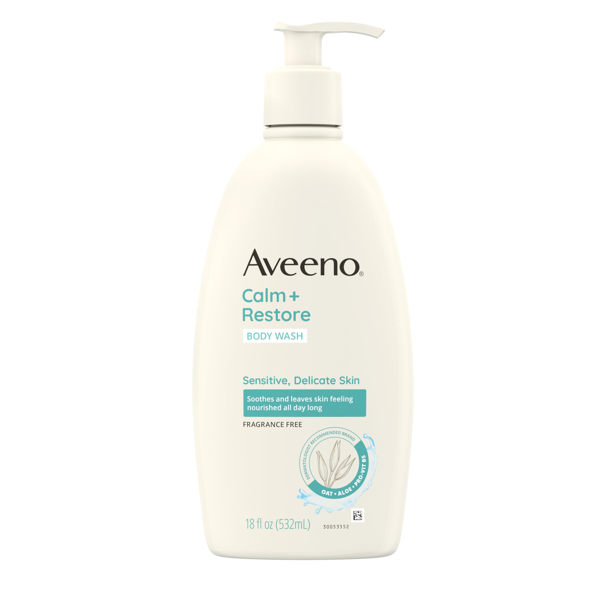 Aveeno Calm + Restore, botella de 18 onzas, limpia sin resecar la piel sensible.