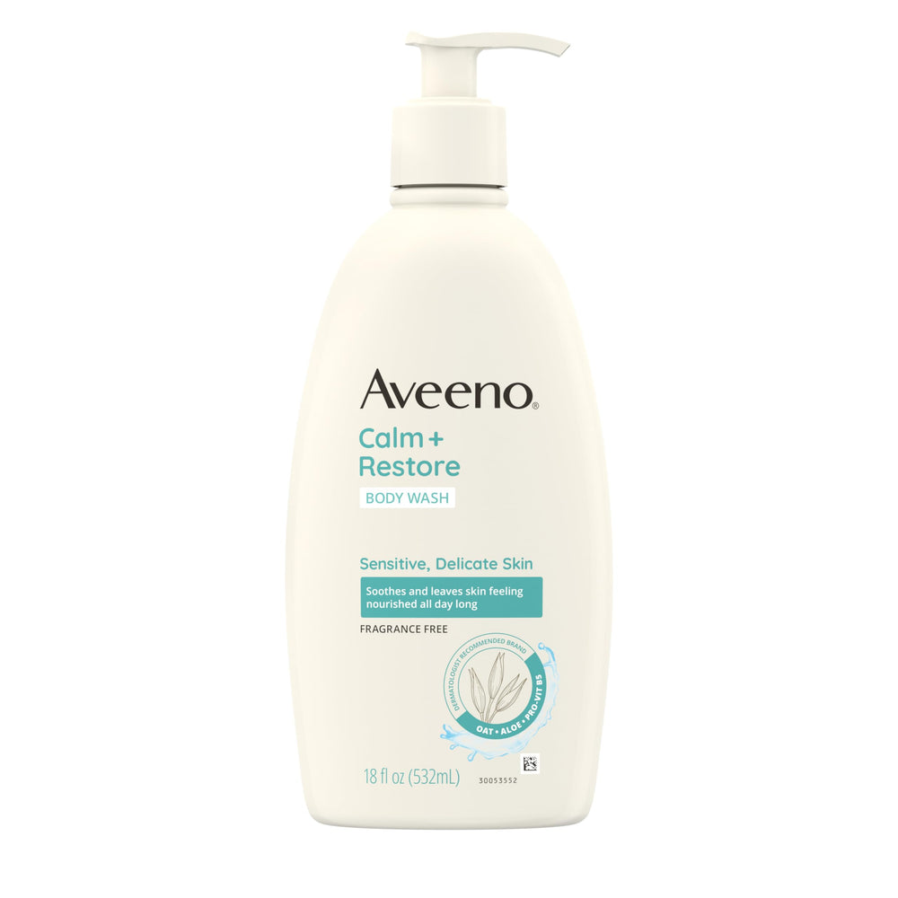 Aveeno Calm + Restore, botella de 18 onzas, limpia sin resecar la piel sensible.
