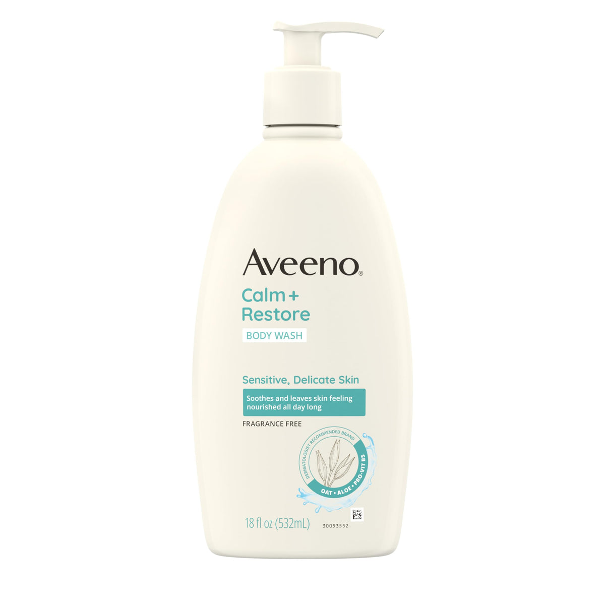 Aveeno Calm + Restore, botella de 18 onzas, limpia sin resecar la piel sensible.