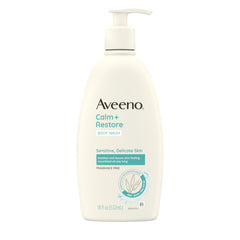 Aveeno Calm + Restore, botella de 18 onzas, limpia sin resecar la piel sensible.