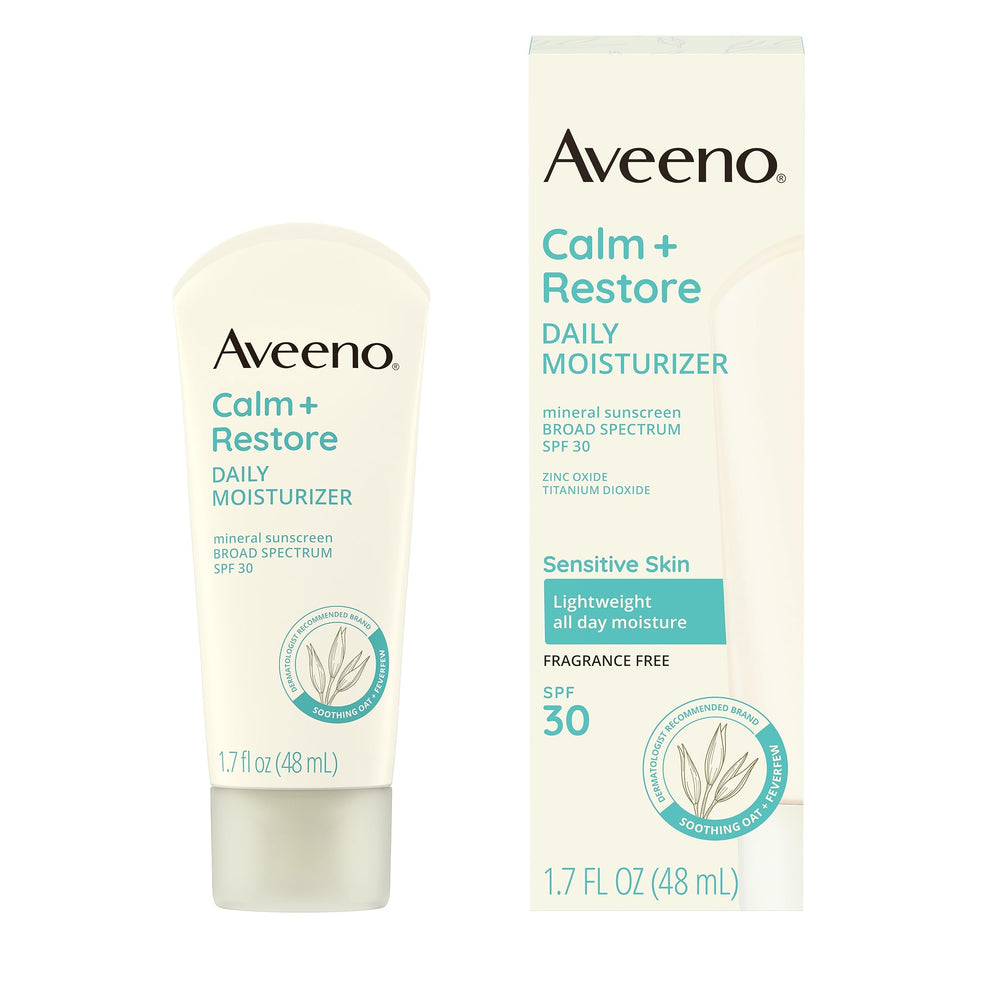 Aveeno Calm + Restore crema corporal SPF 30 para hidratación suave en piel sensible.