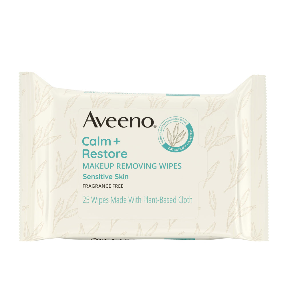 Aveeno Calm and Restore makeup remover wipes in a resealable package for gentle cleansing.
