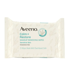 Aveeno Calm and Restore makeup remover wipes in a resealable package for gentle cleansing.