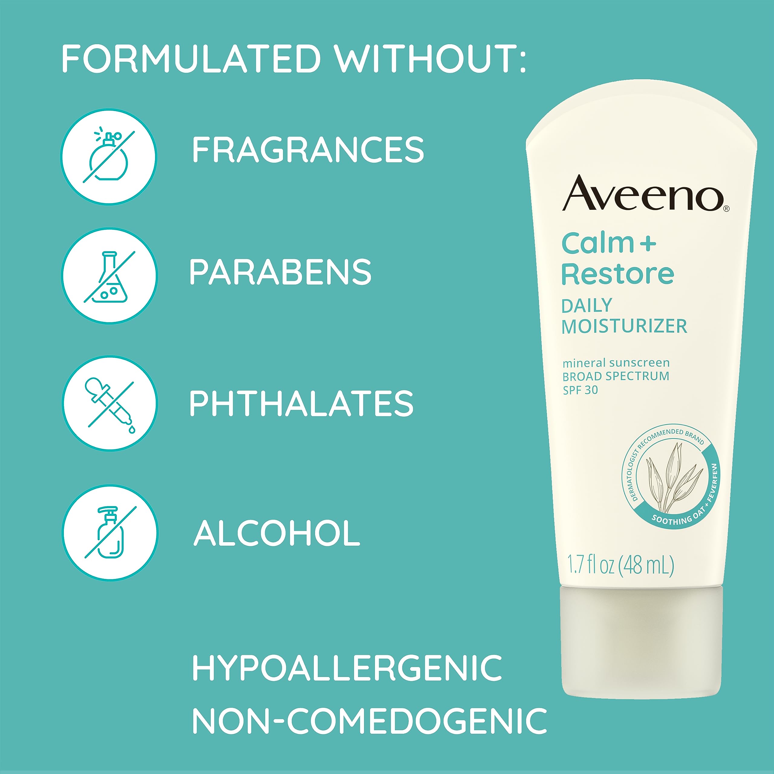 Fórmula hipoalergénica sin fragancia de Aveeno Calm + Restore para piel sensible.