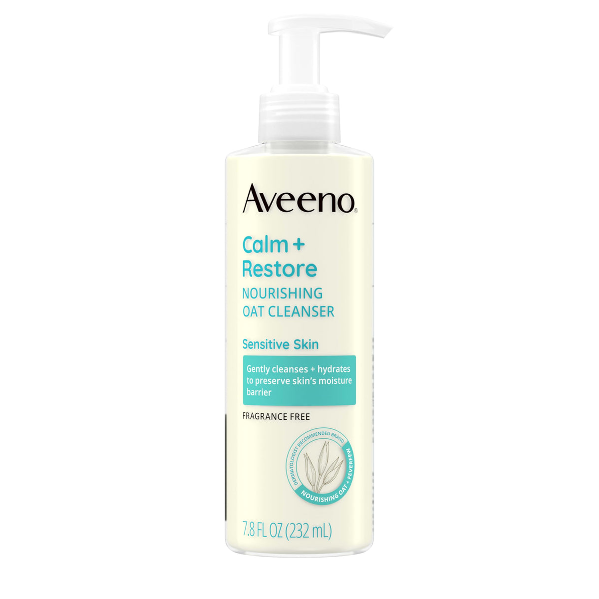 Aveeno Calm + Restore limpia con gel lechoso, suave para piel sensible.