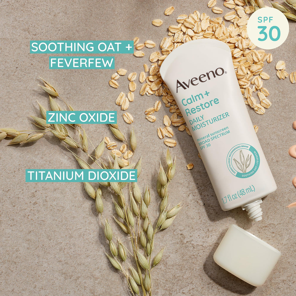 Ingredientes avena y feverfew en Aveeno Calm + Restore para piel sensible.