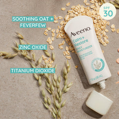 Ingredientes avena y feverfew en Aveeno Calm + Restore para piel sensible.