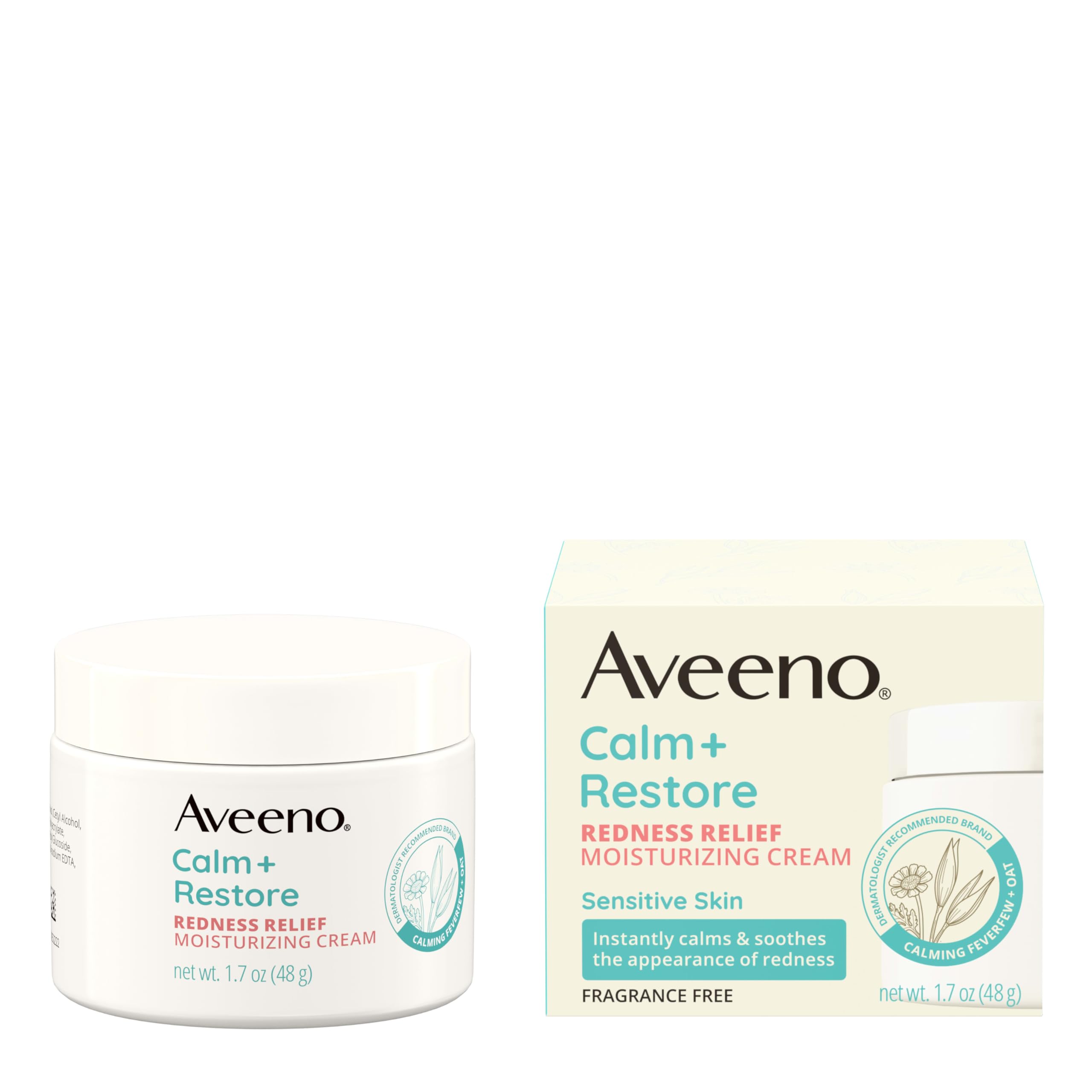 Aveeno Calm and Restore packaging detail emphasizes fragrance-free formula.