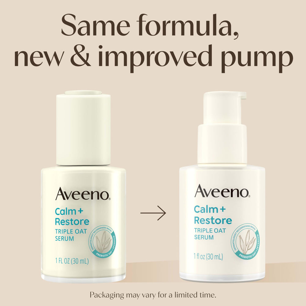 Aveeno Calm + Restore serum pump demonstrates quick dispensing.