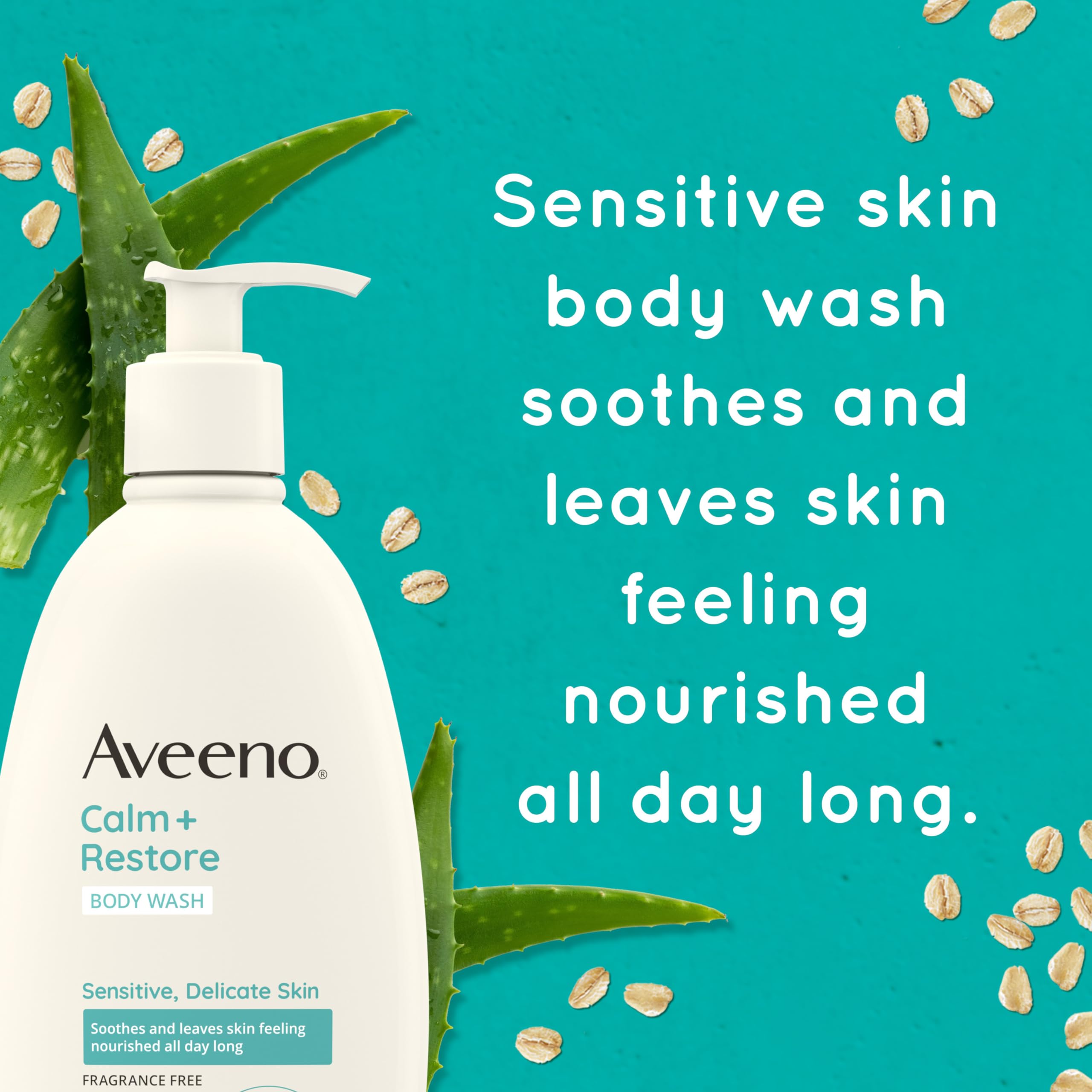 Fórmula sin fragancia de Aveeno Calm + Restore para piel sensible.