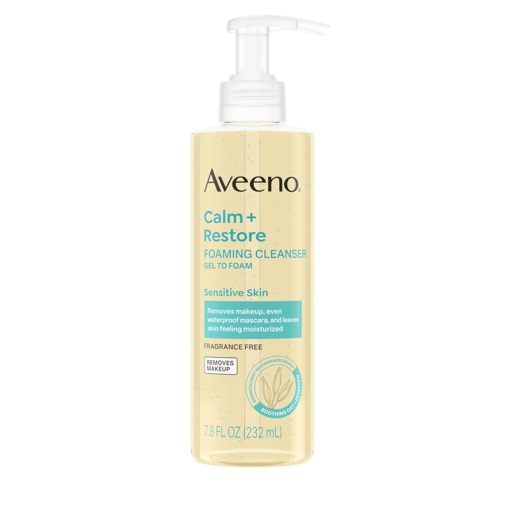 Aveeno Calm Restore espuma limpiador suave para piel sensible que limpia sin irritar.