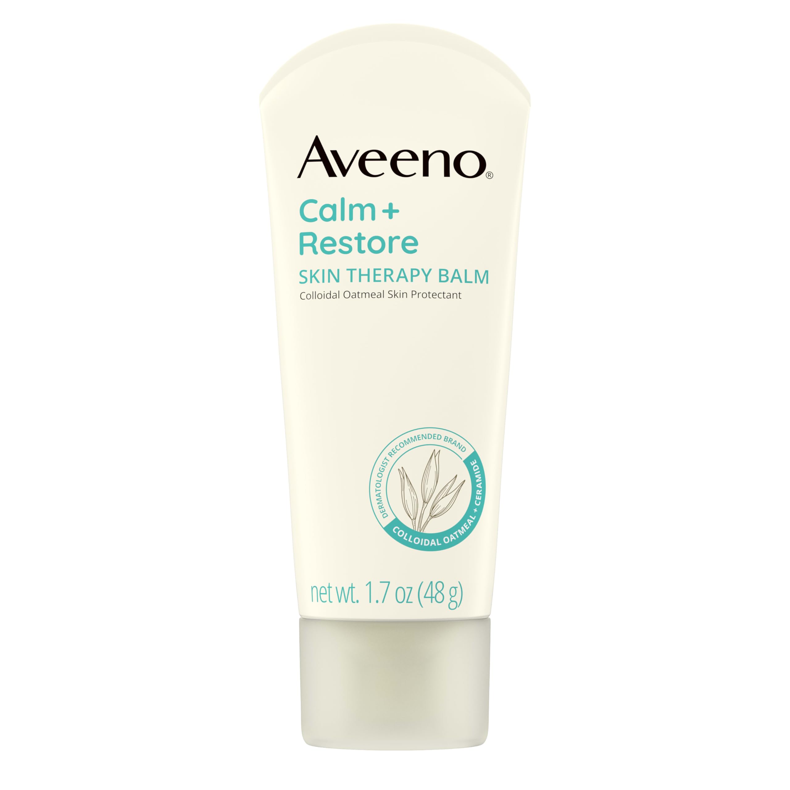 Aveeno Calma y Restaura bálsamo en envase, piel sensible suave y protegida.