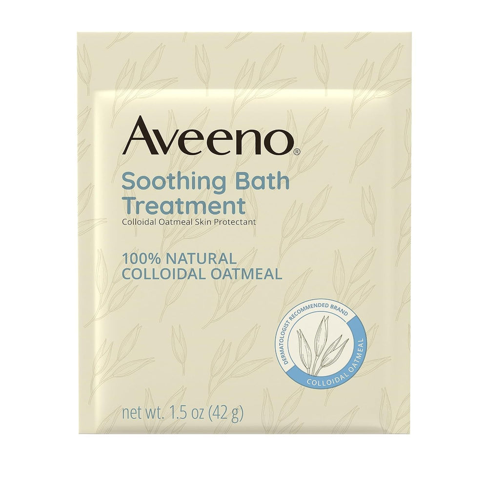 Aveeno colloidal oatmeal powder dissolves in bath water to soothe irritated skin.