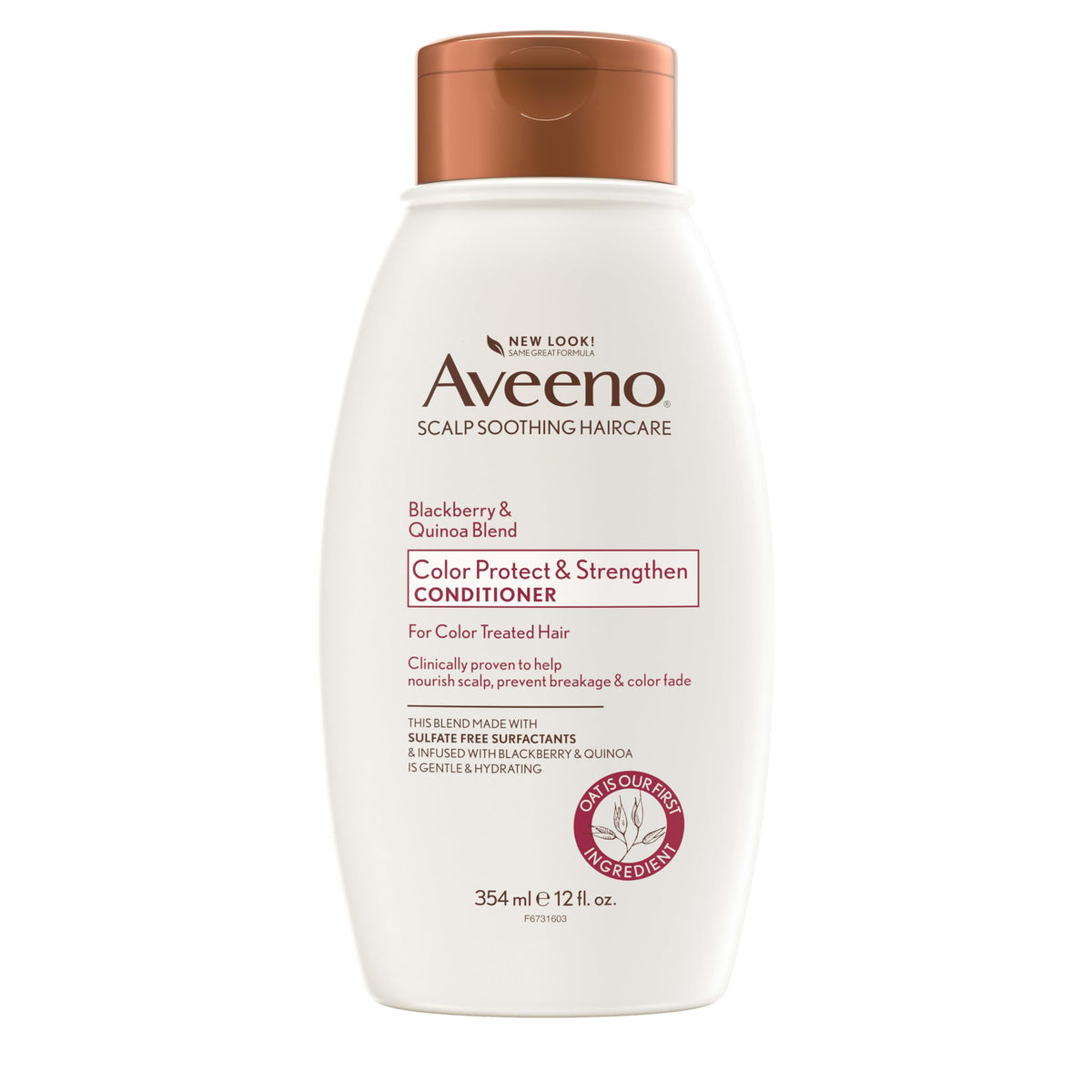 Aveeno Condicionador Frambuesa Quinoa, botella visible, suaviza cabello teñido y protege el color.