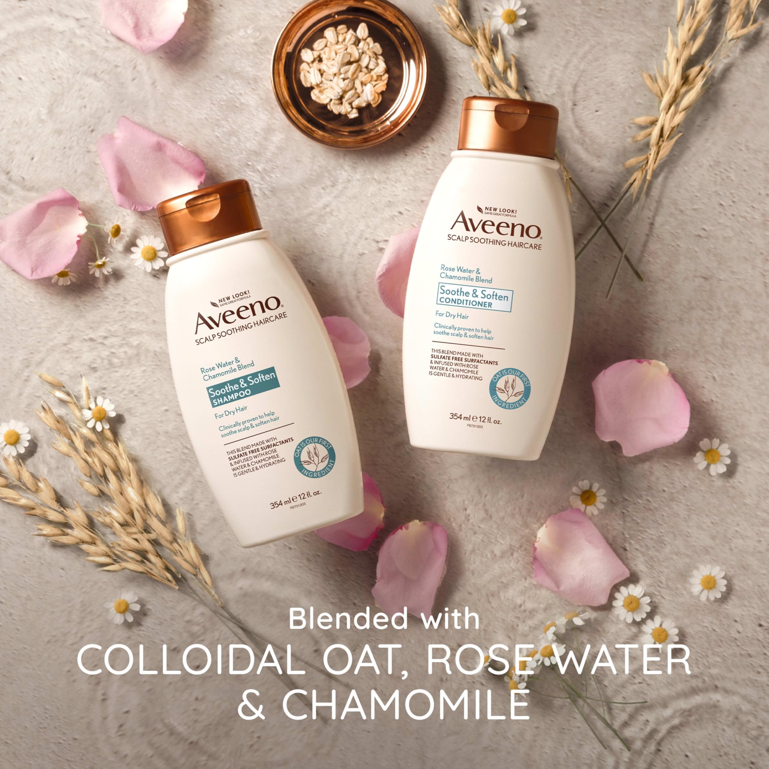 Cuero cabelludo sensible se siente calmado con Aveeno, cuidado delicado.