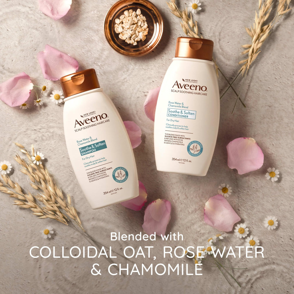 Cuero cabelludo sensible se siente calmado con Aveeno, cuidado delicado.