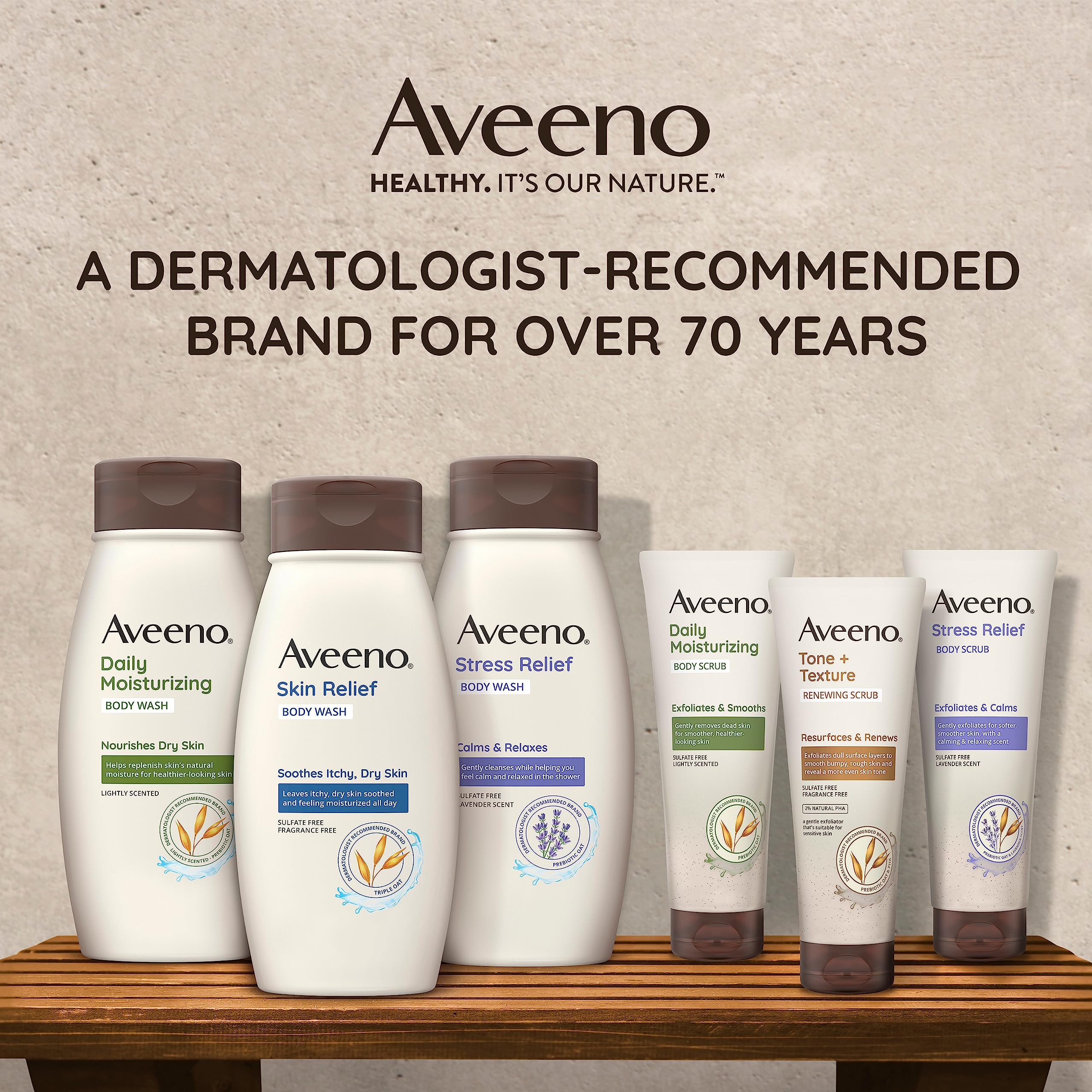Aveeno dermatologicamente recomendado durante 70 años para cuidado de la piel