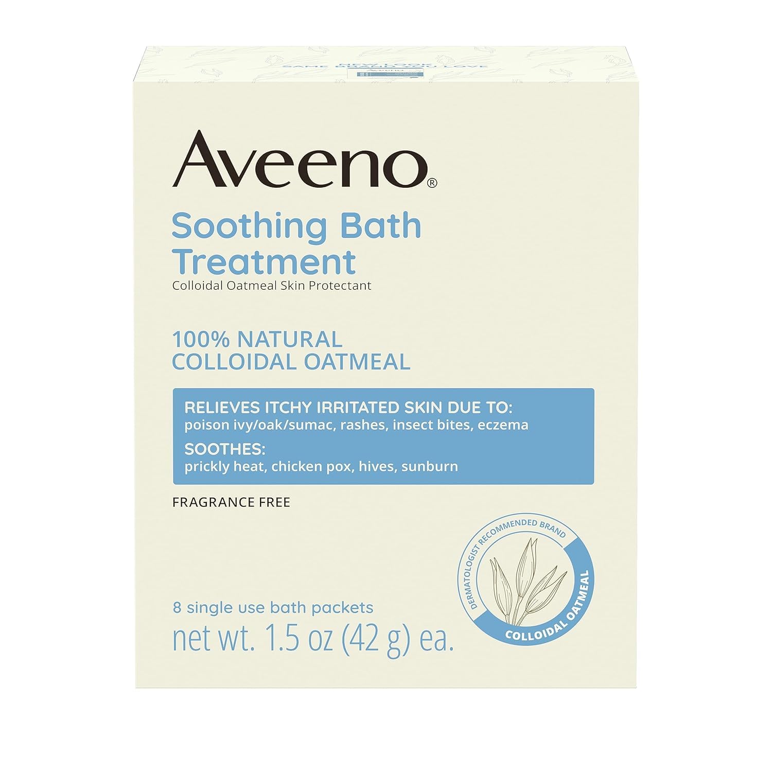 Aveeno packaging with dermatologist-recommended badge for sensitive skin care.