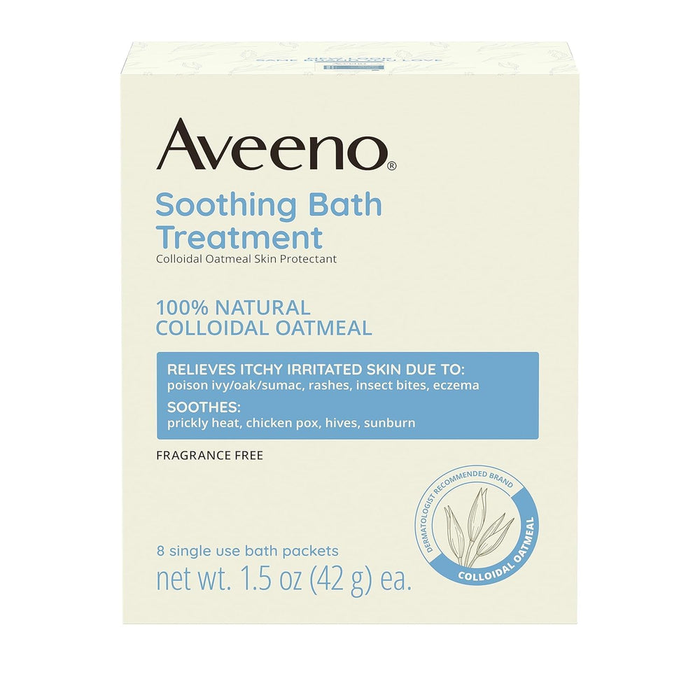Aveeno packaging with dermatologist-recommended badge for sensitive skin care.