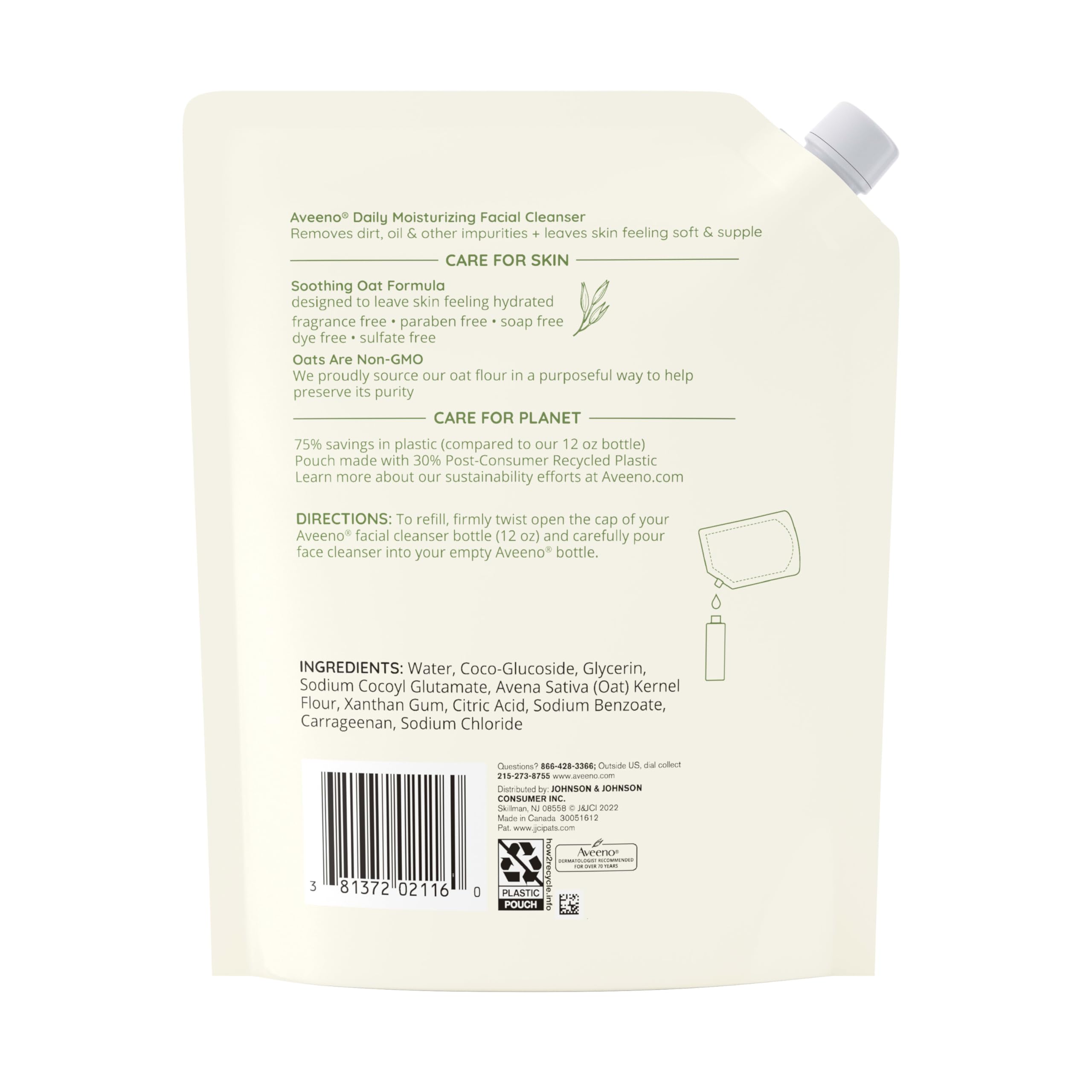 Envase recargable Aveeno, opción ecológica para el cuidado facial.