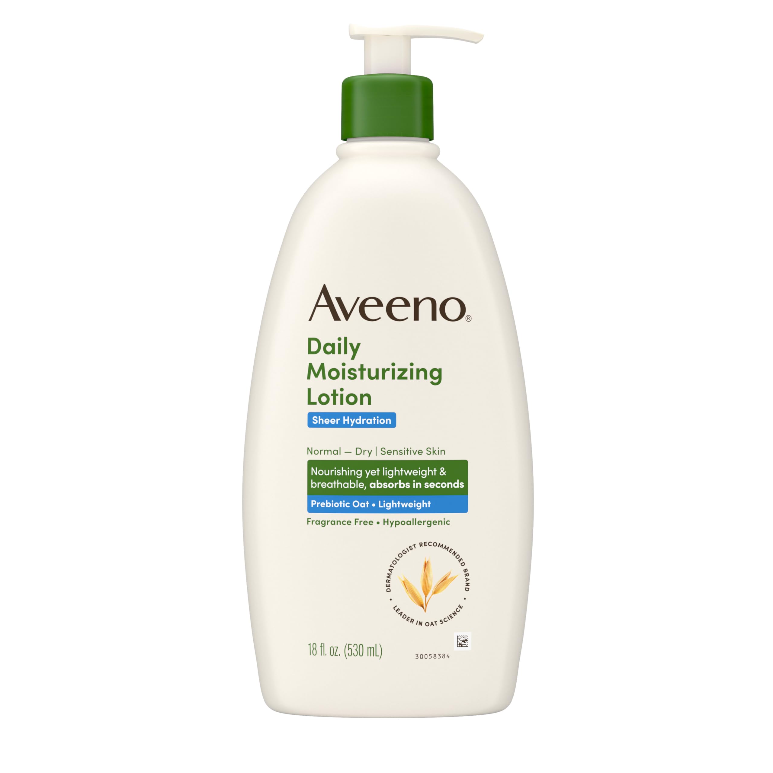 Fragrance-free label on Aveeno bottle highlights sensitive-skin friendly formula.