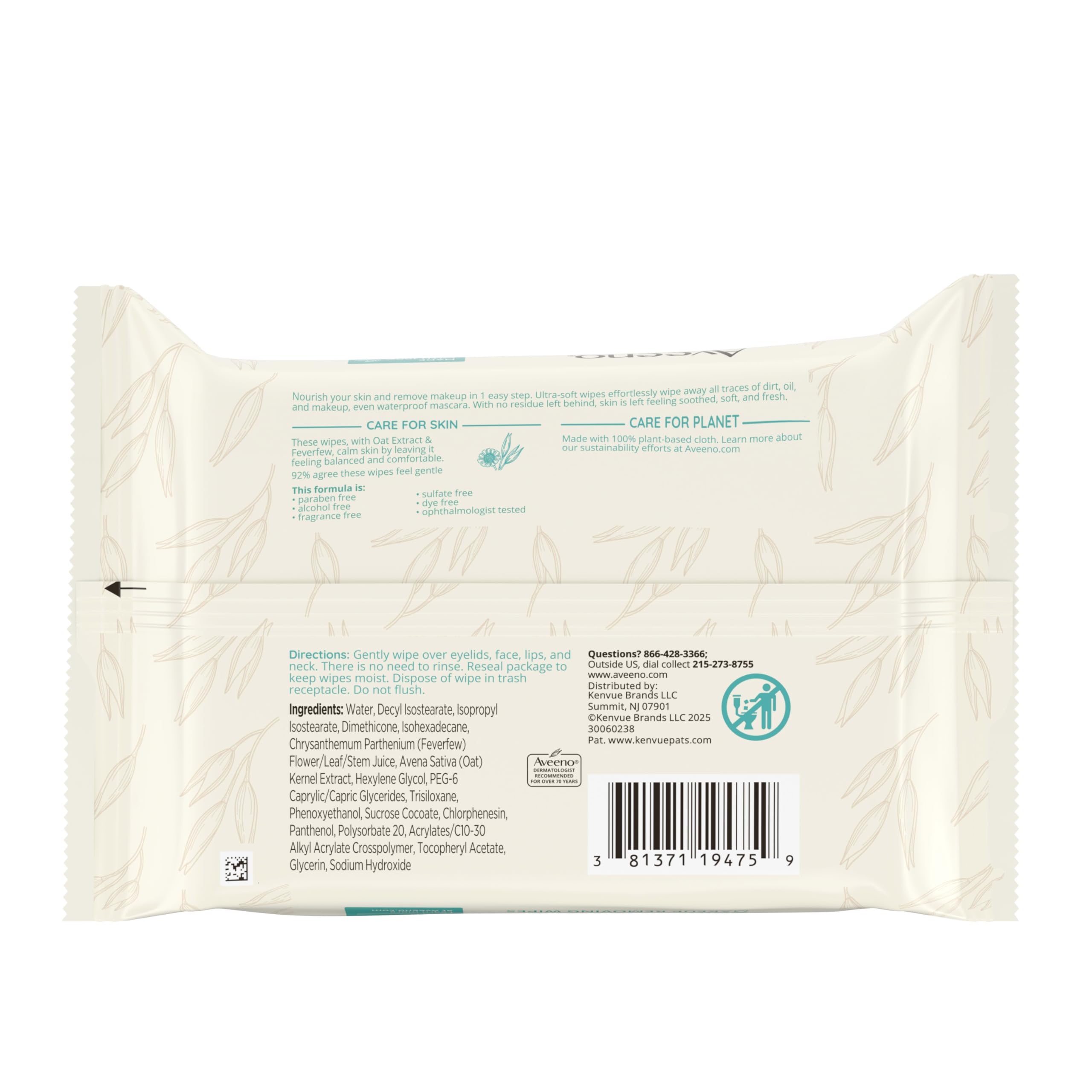 Aveeno fragrance-free makeup remover wipes laid flat showing soothing formula.
