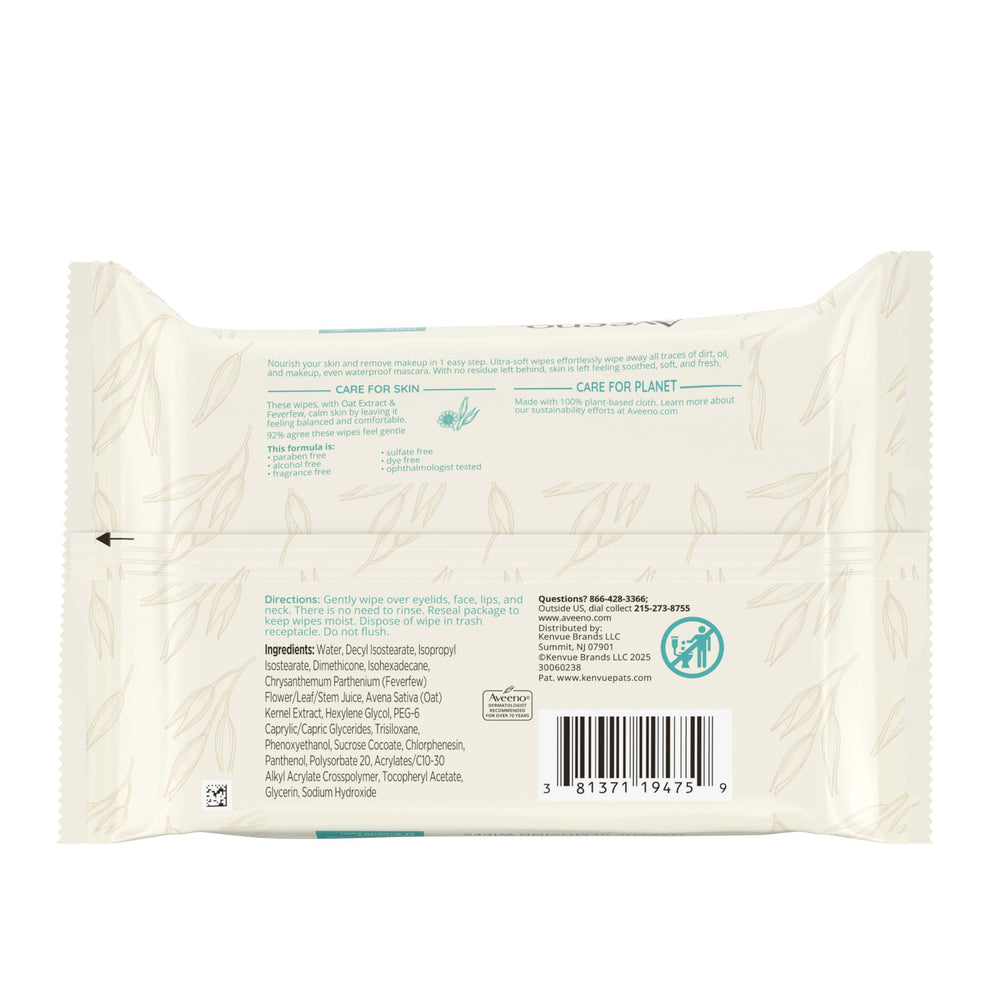 Aveeno fragrance-free makeup remover wipes laid flat showing soothing formula.