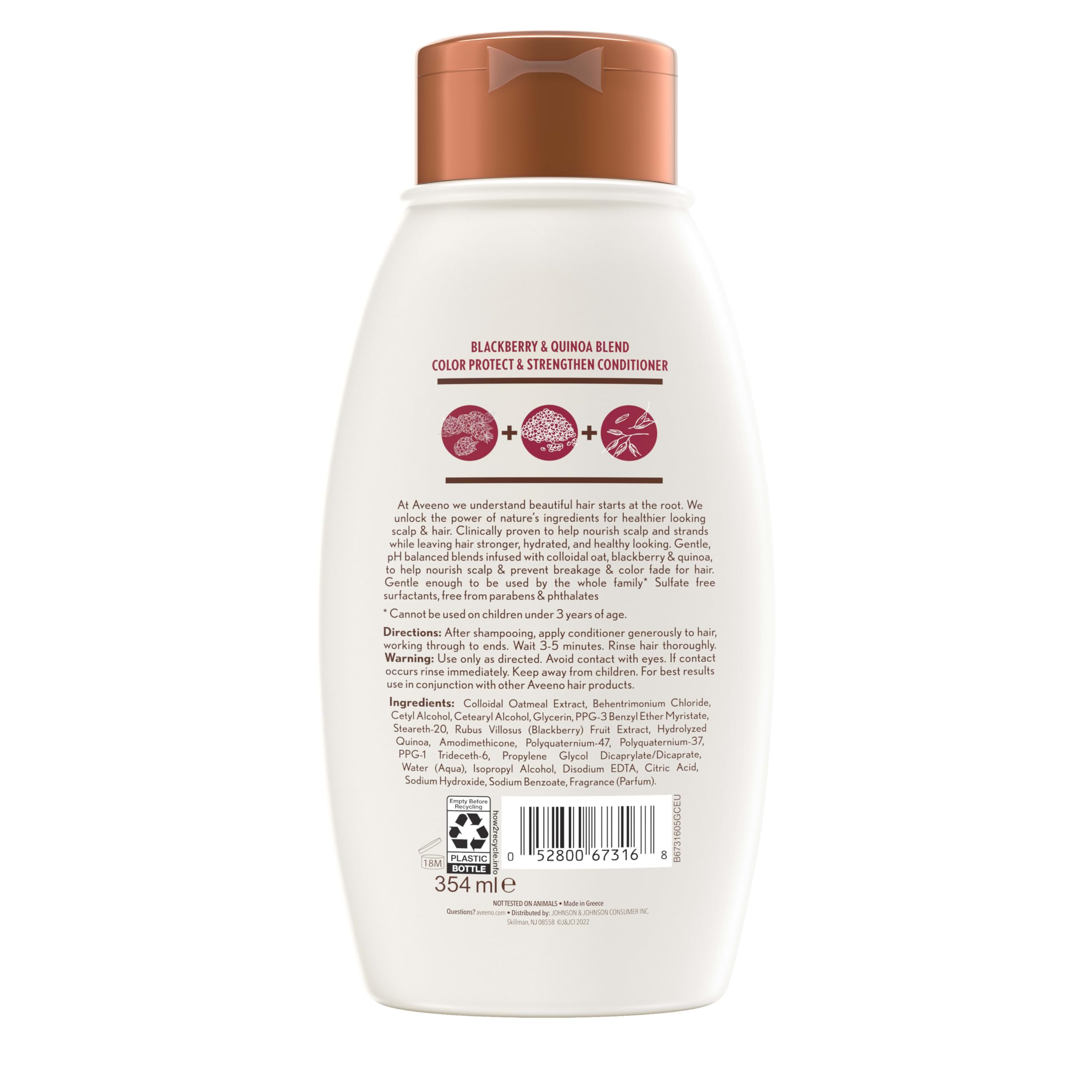 Aveeno Frambuesa Quinoa, frasco en primer plano, fórmula libre de sulfatos para uso diario.