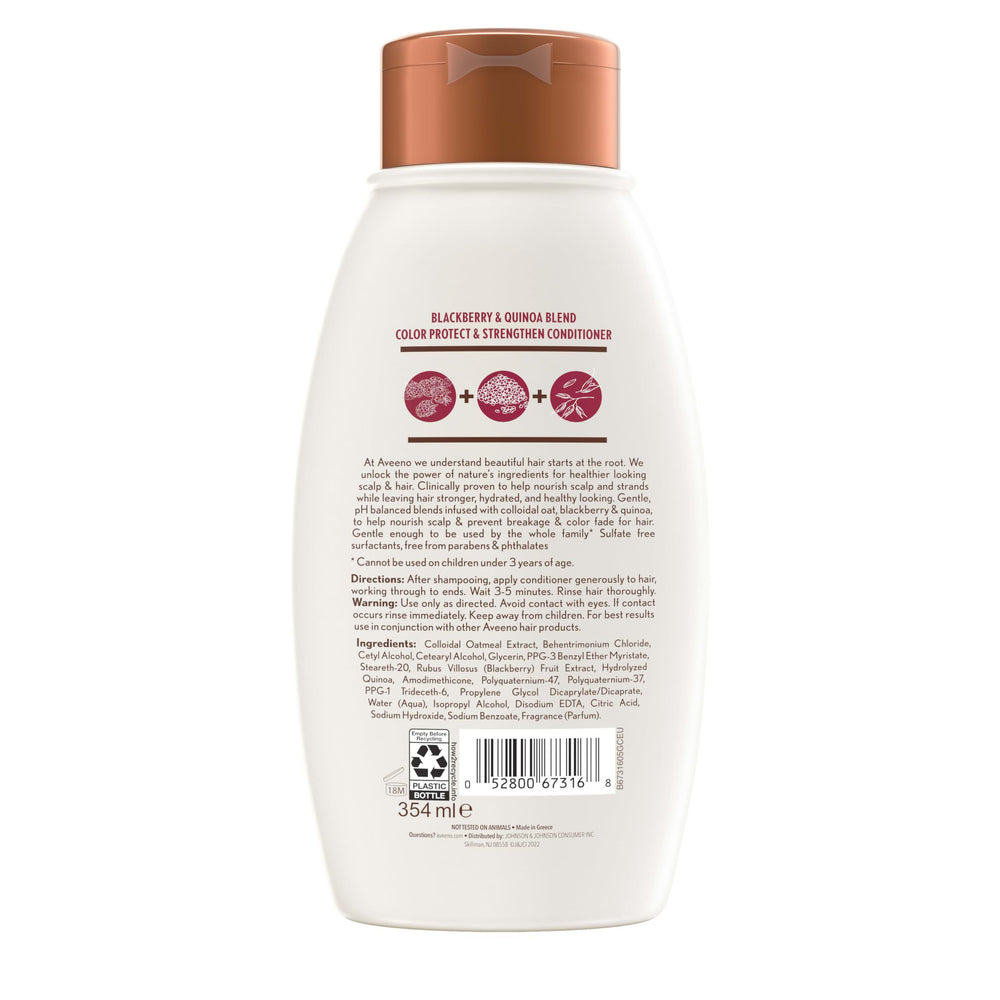 Aveeno Frambuesa Quinoa, frasco en primer plano, fórmula libre de sulfatos para uso diario.