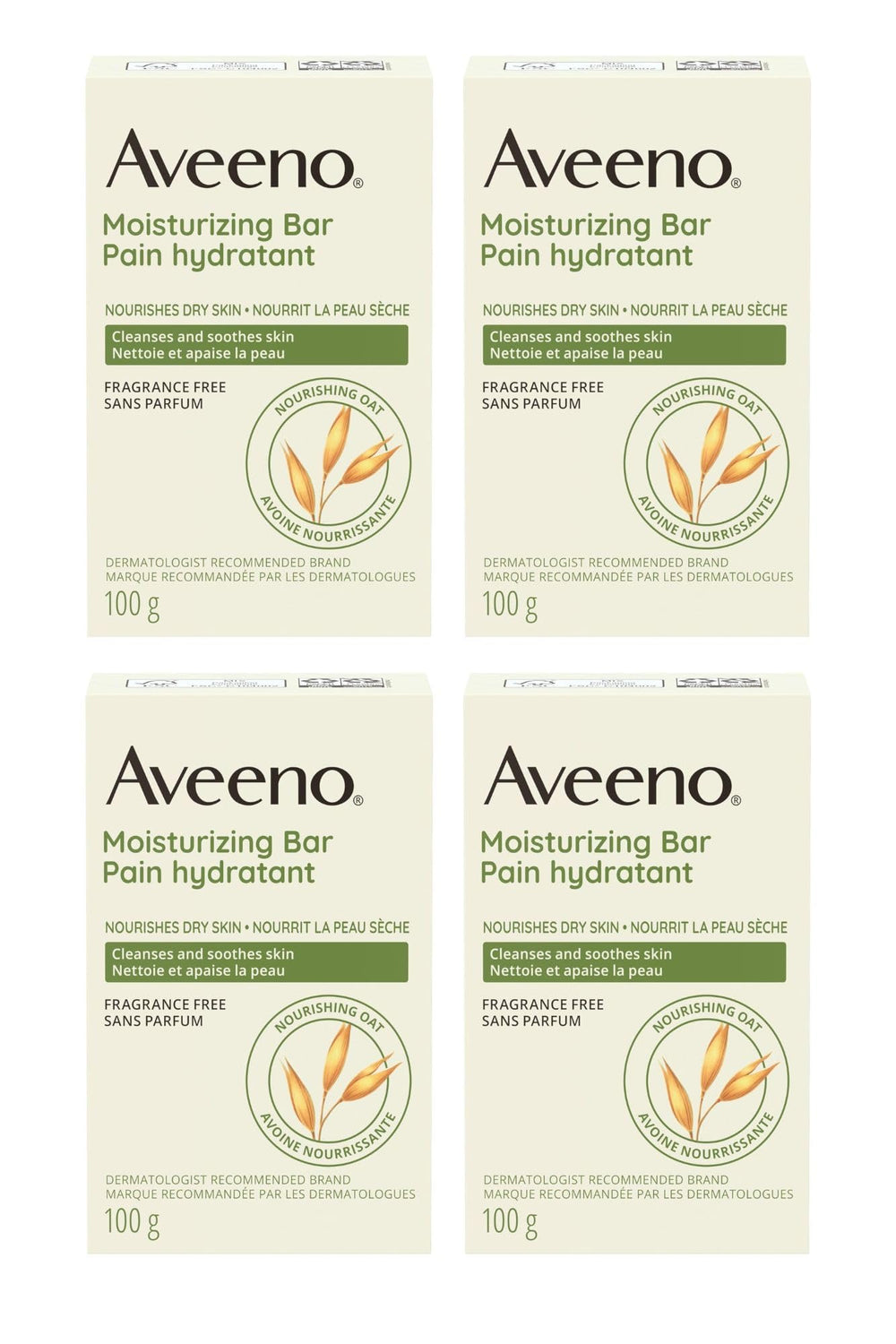 Aveeno Gentle Moisturizing Bar face cleanser four-pack display for easy daily use