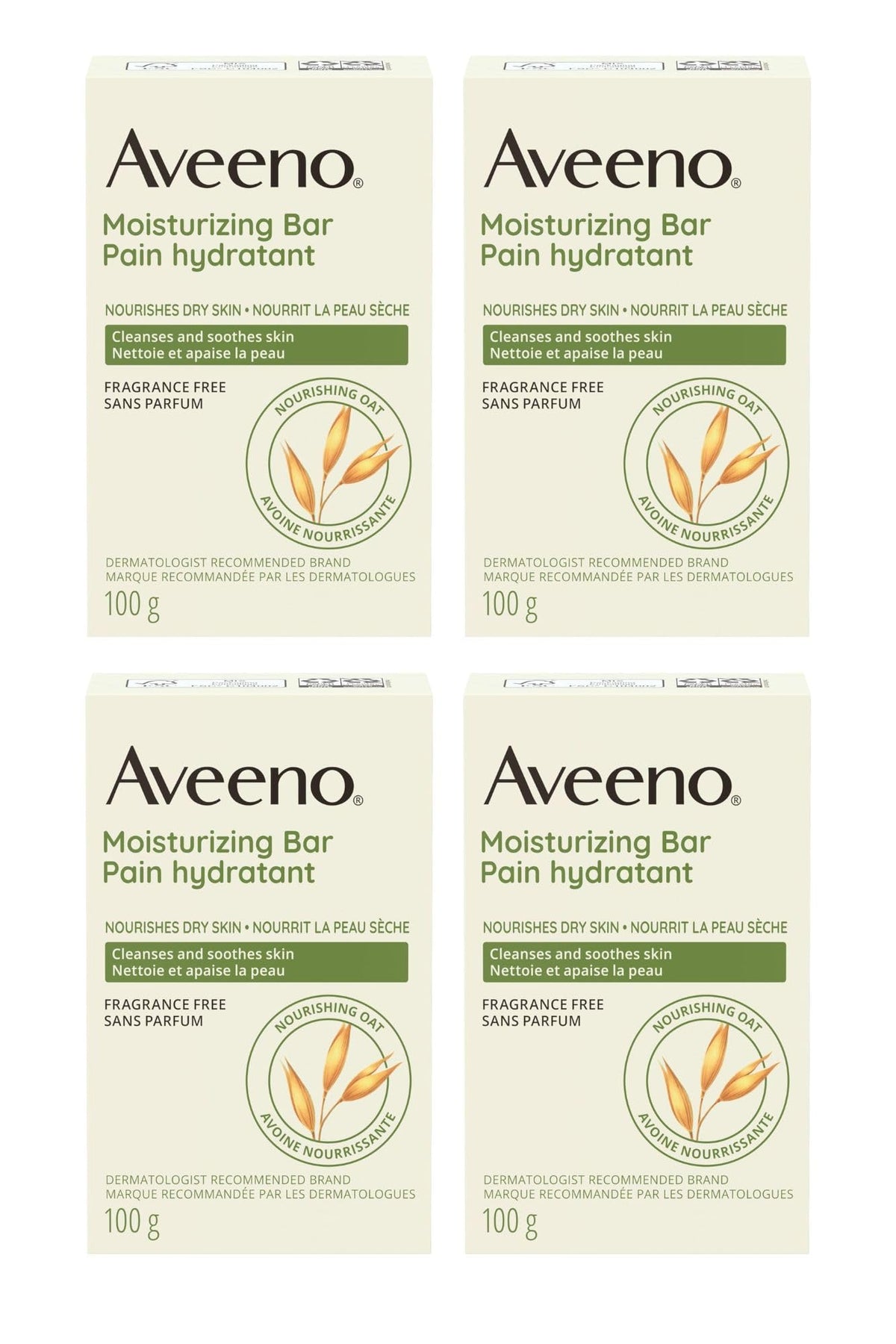 Aveeno Gentle Moisturizing Bar face cleanser four-pack display for easy daily use