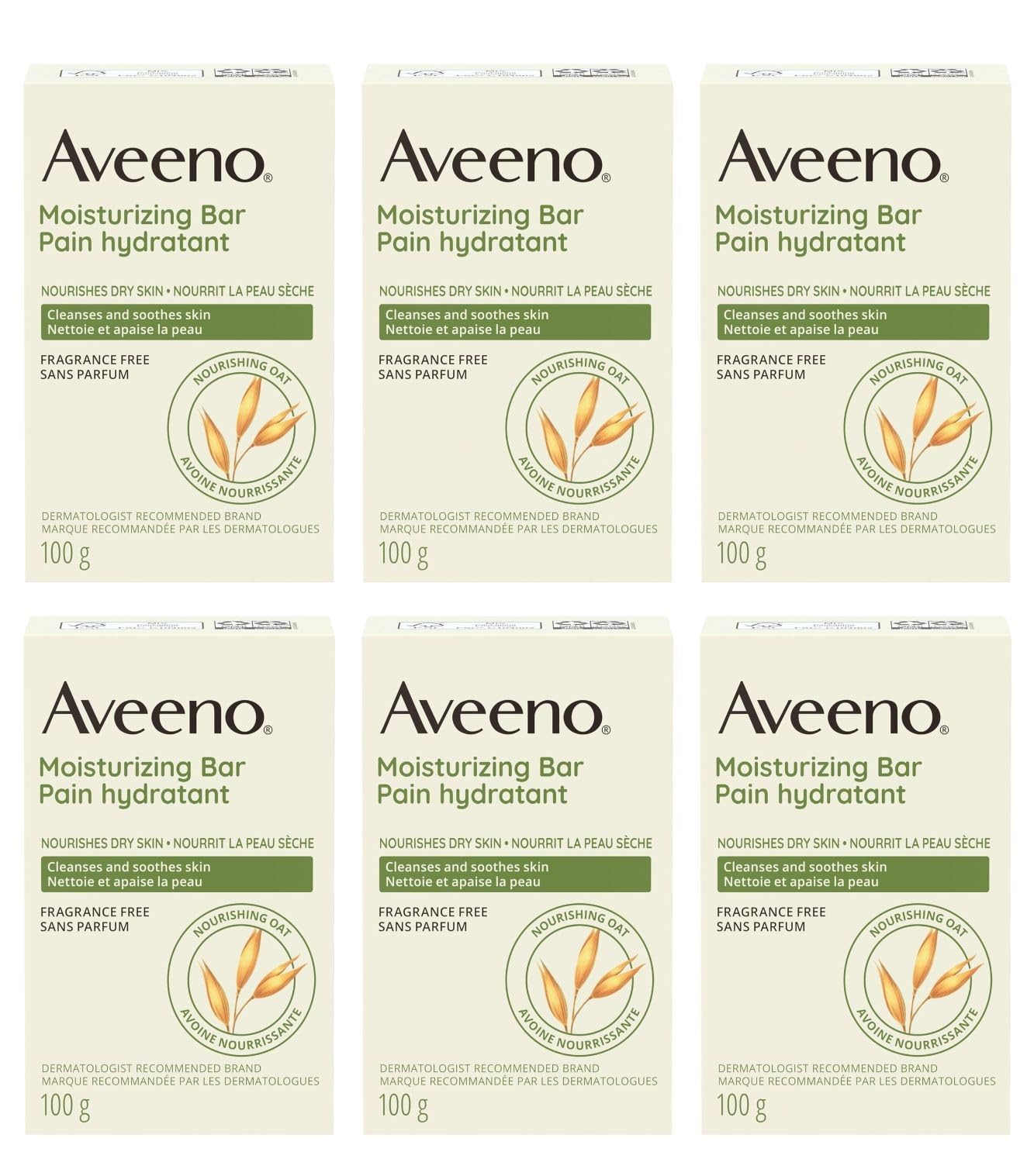 Aveeno Gentle Moisturizing Bar facial cleanser pack of six with oats for dry skin cleansing.