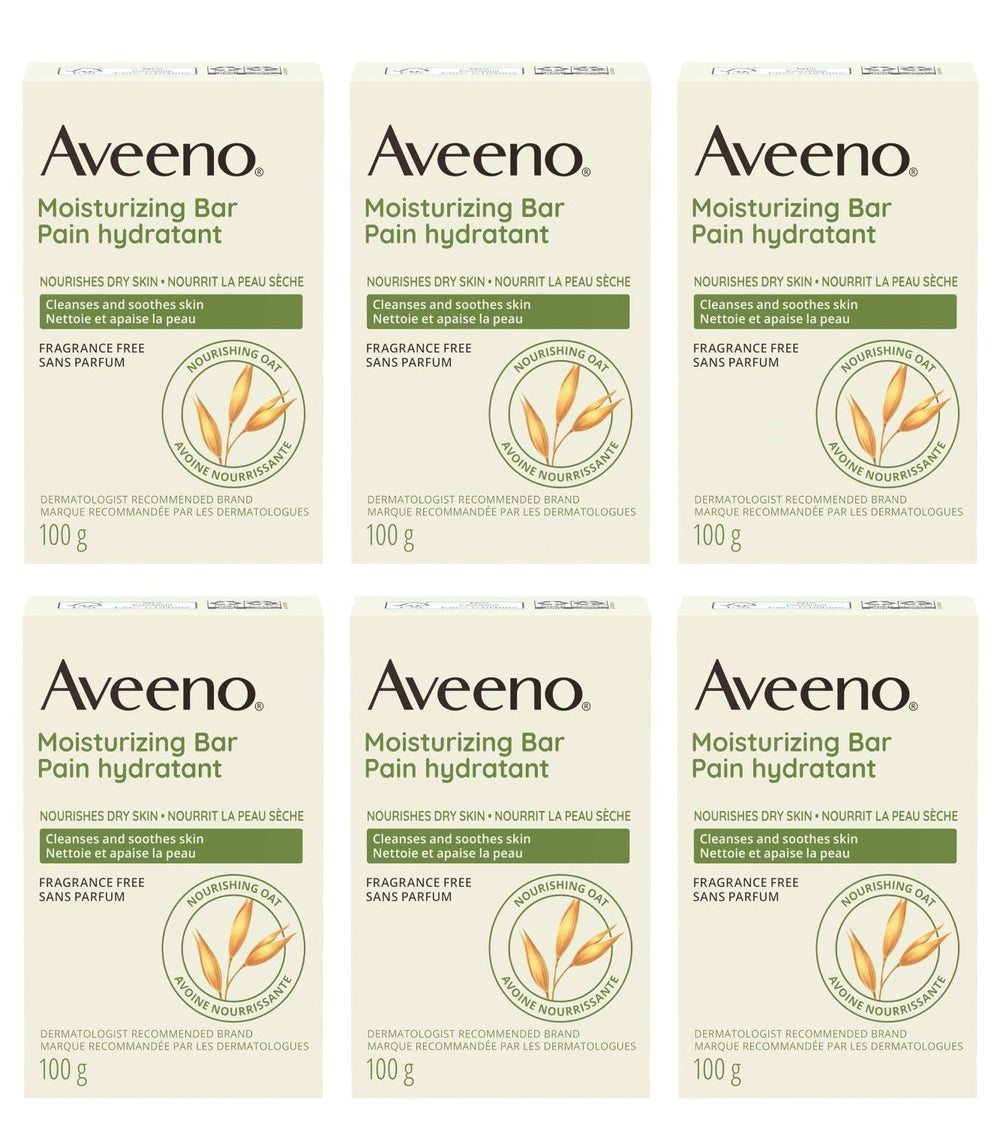 Aveeno Gentle Moisturizing Bar facial cleanser pack of six with oats for dry skin cleansing.