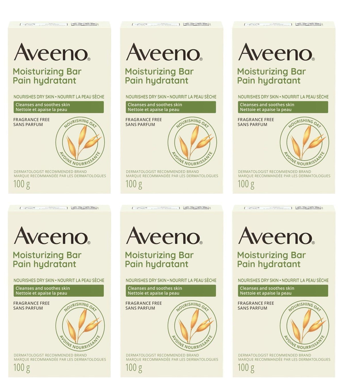 Aveeno Gentle Moisturizing Bar facial cleanser pack of six with oats for dry skin cleansing.