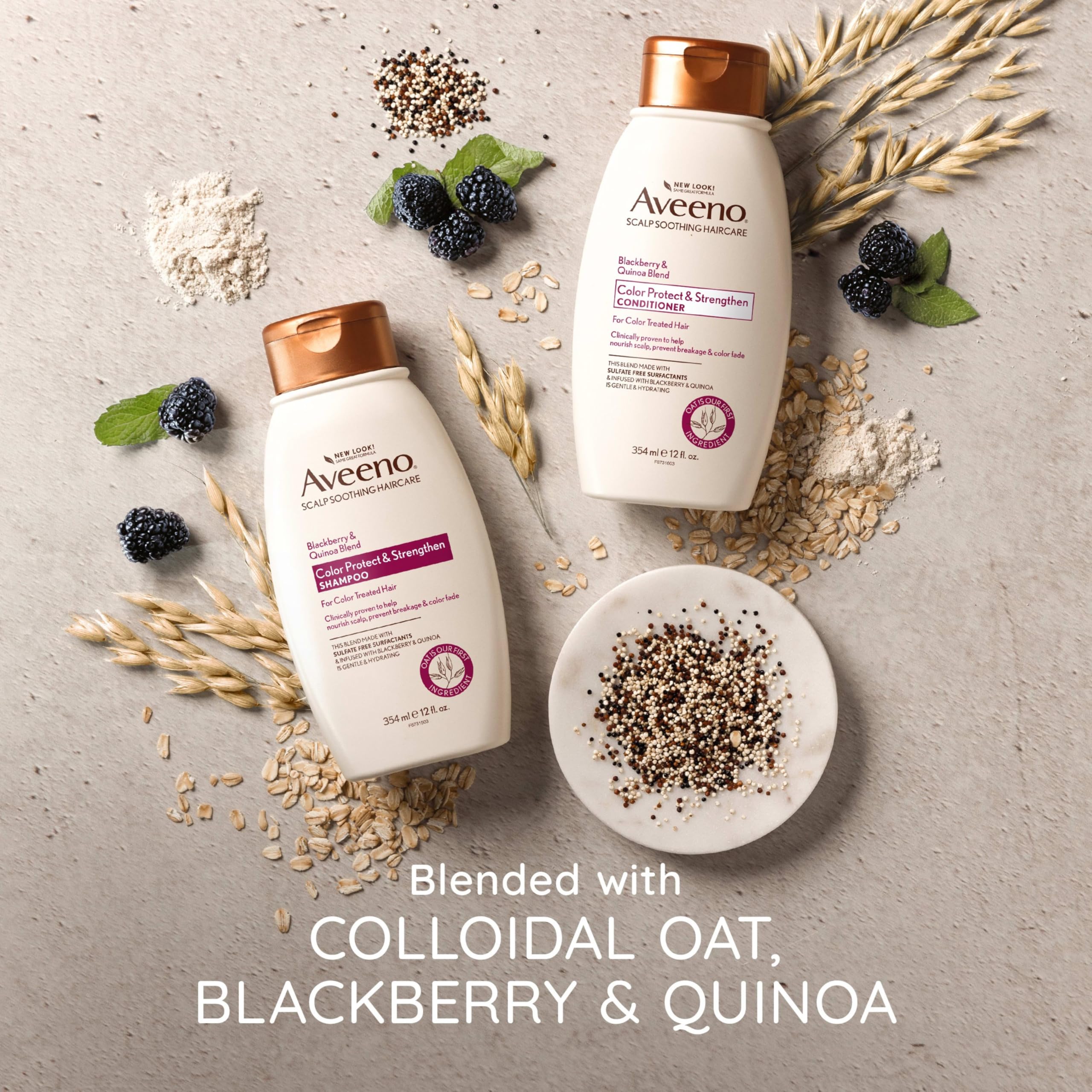 Aveeno Ingredientes naturales, frambuesa quinoa, envase listo para la ducha.